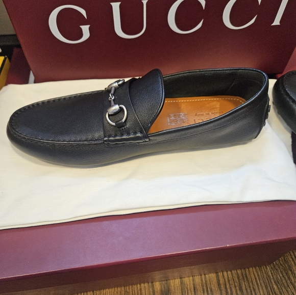 GUCCI Driver $895 Men\'s Black Leather With Horsebit Loafers UK 10.5